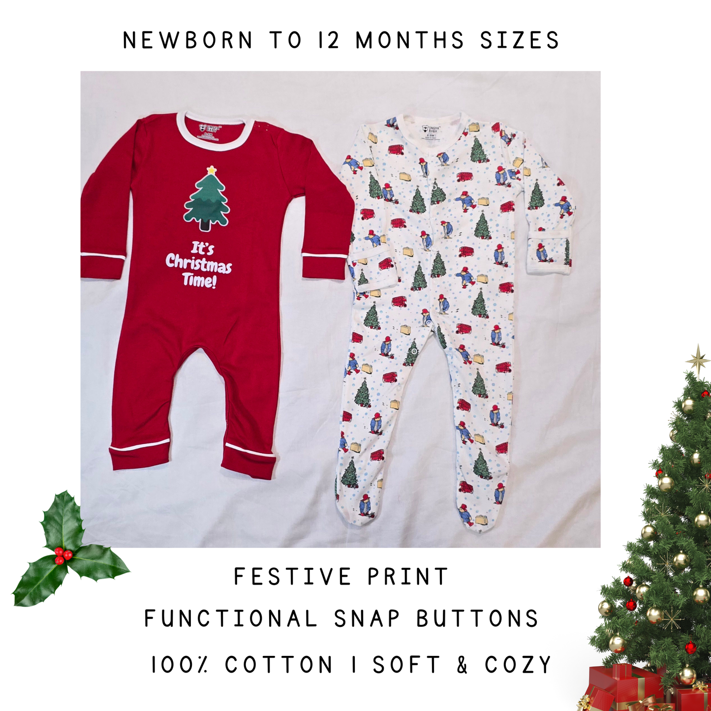 Baby Christmas Outfits - Christmas Tree Romper & Christmas Holiday Print Sleepsuit (0-12 months Sizes Available)