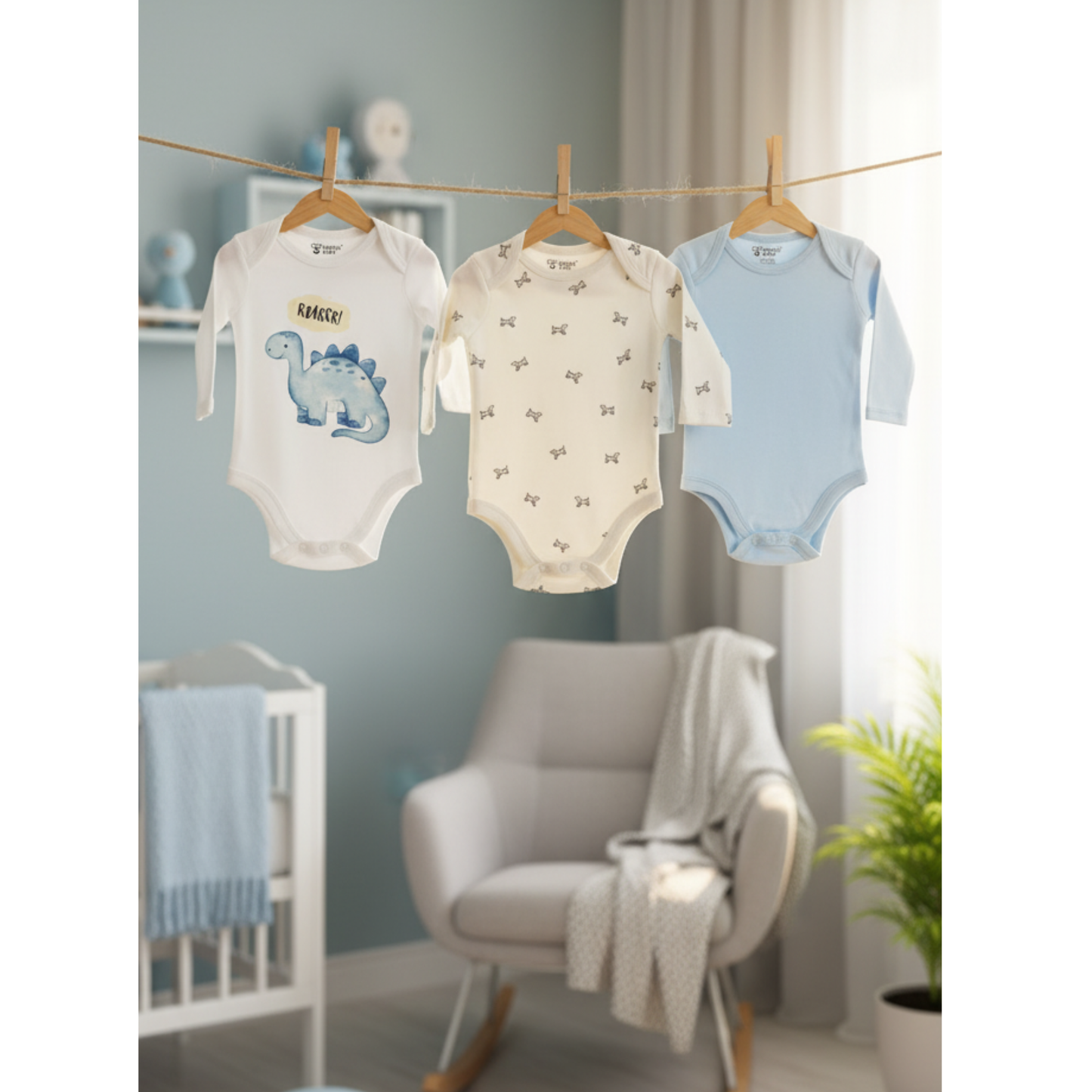 Dino & Fun, Gift Pack of 3 Full Sleeves Baby Romper Onesies (Newborn -12 months)