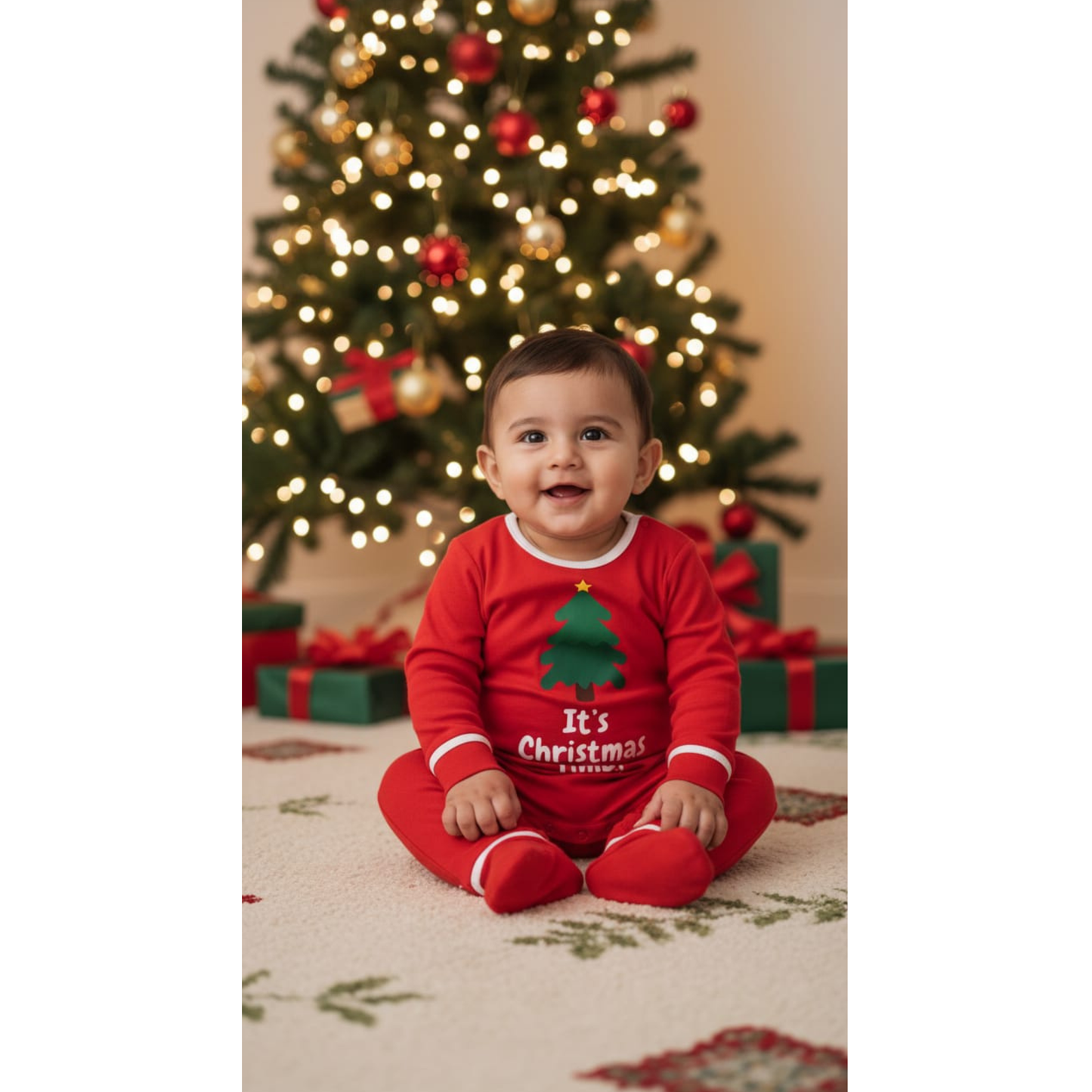 Baby Christmas Outfits - Christmas Tree Romper & Christmas Holiday Print Sleepsuit (0-12 months Sizes Available)