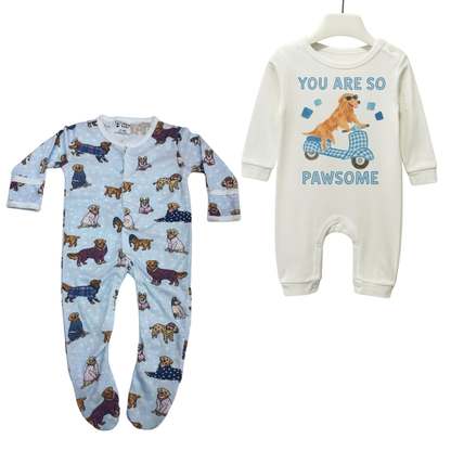 The Dreamy Woof Doggo Themed Sleepsuits - Puppy print Baby sleepsuit & Pawsome White Baby Romper