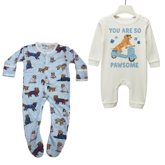 The Dreamy Woof Doggo Themed Sleepsuits - Puppy print Baby sleepsuit & Pawsome White Baby Romper