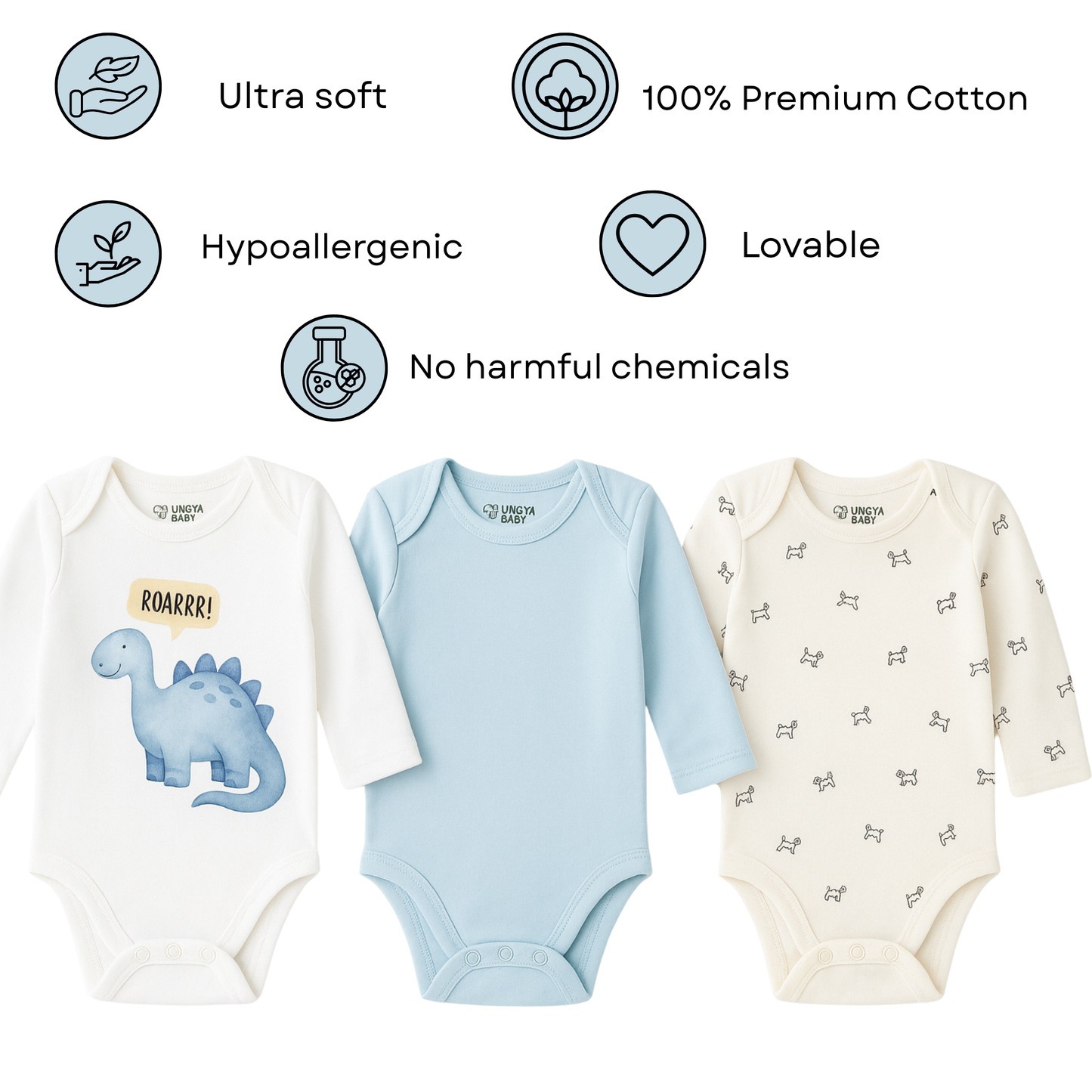 Dino & Fun, Gift Pack of 3 Full Sleeves Baby Romper Onesies (Newborn -12 months)