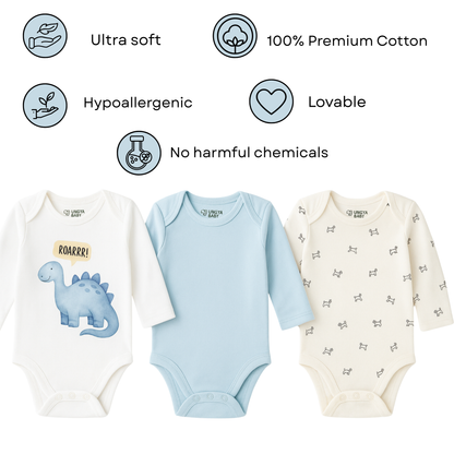 Dino & Fun, Gift Pack of 3 Full Sleeves Baby Romper Onesies (Newborn -12 months)