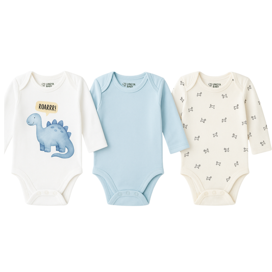 Dino & Fun, Gift Pack of 3 Full Sleeves Baby Romper Onesies (Newborn -12 months)