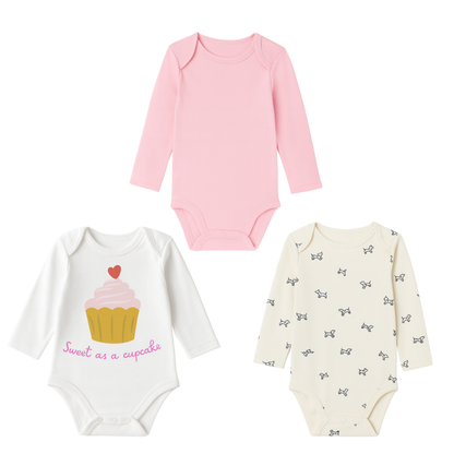Sweet as a Cupcake & Puppy love, Pack of 3 Full Sleeves Onesie for Baby Girls (Newborn-12 months)