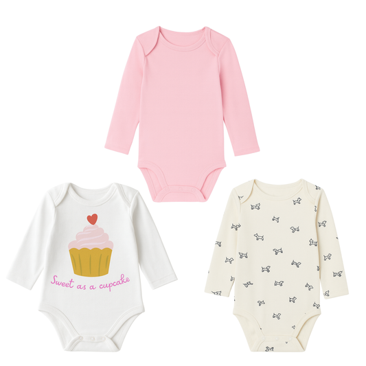 Sweet as a Cupcake & Puppy love, Pack of 3 Full Sleeves Onesie for Baby Girls (Newborn-12 months)