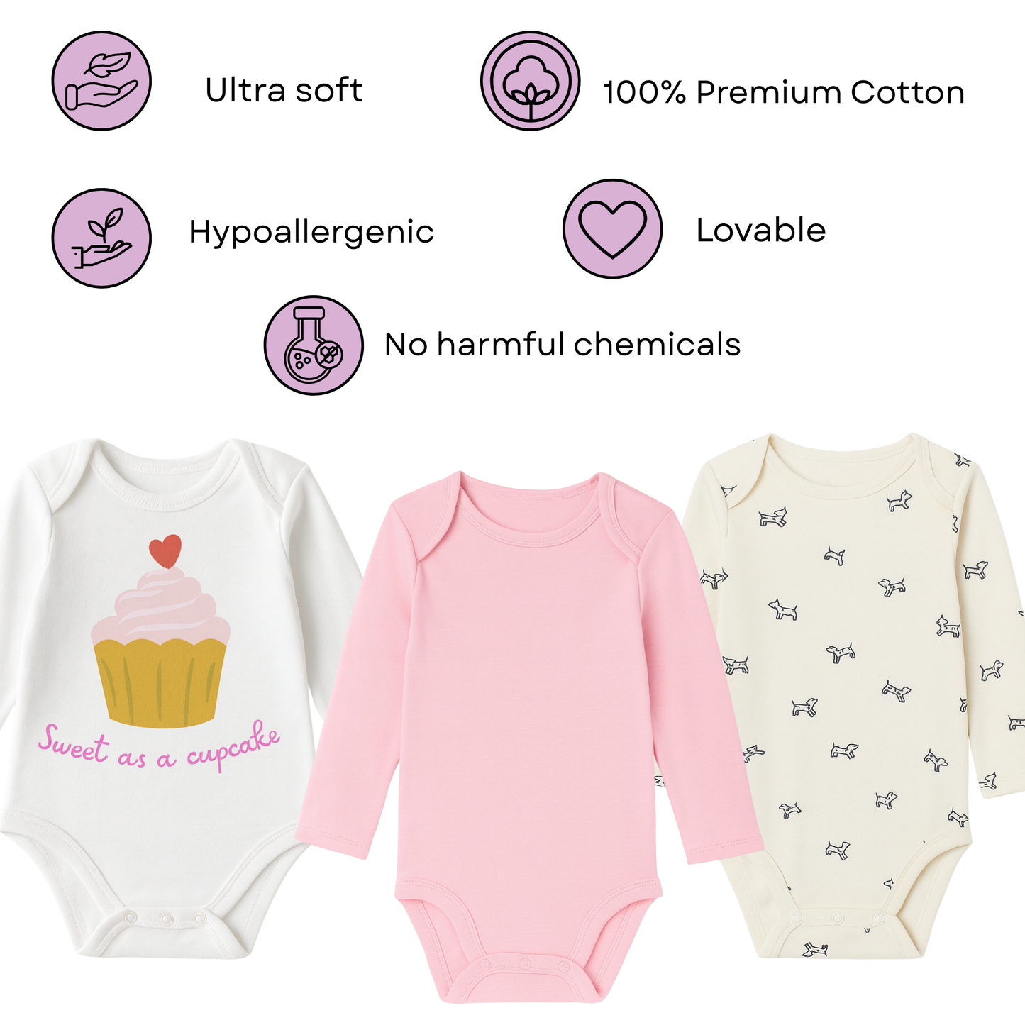 Sweet as a Cupcake & Puppy love, Pack of 3 Full Sleeves Onesie for Baby Girls (Newborn-12 months)