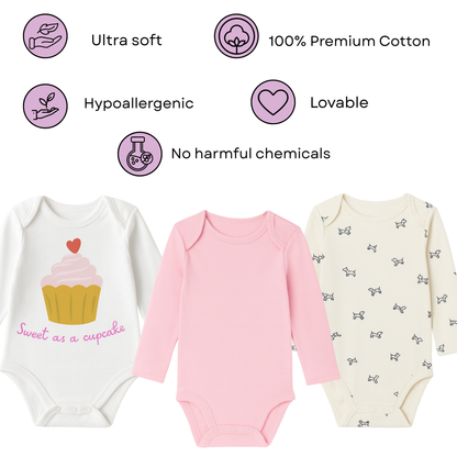 Sweet as a Cupcake & Puppy love, Pack of 3 Full Sleeves Onesie for Baby Girls (Newborn-12 months)